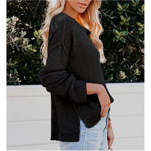 NEW Cable Knit Long Sleeve Button V Neck Pullover Henley Sweater Top Black - Picture 3 of 9